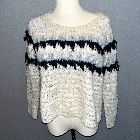 FREE PEOPLE Alpaca & Wool Blend Cream Green& Blue Nordic Pullover sweater EUC XS - Picture 1 of 6